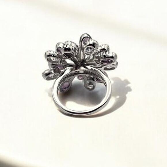 Dazzling Silver-Tone Statement Cocktail Ring | Floral Design | Size 9 - Picture 6 of 8